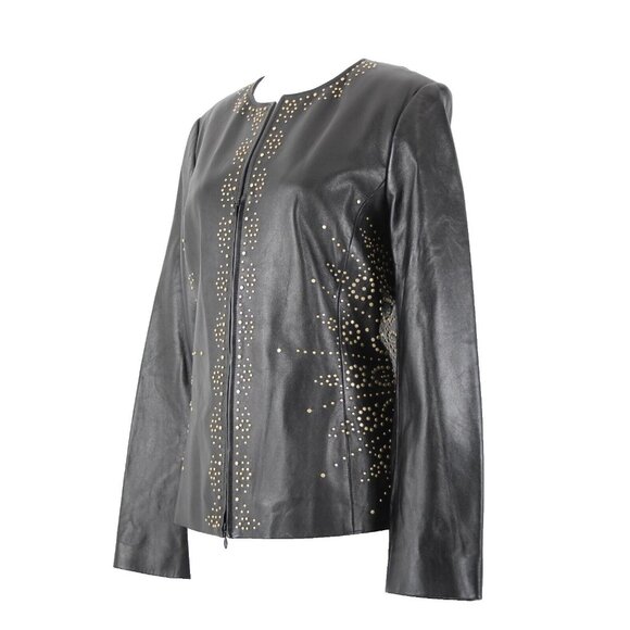 Dana Buchman Sz 12 Black Gold Stud Zipper 100% Leather Acetate Lined Jacket - Picture 1 of 16